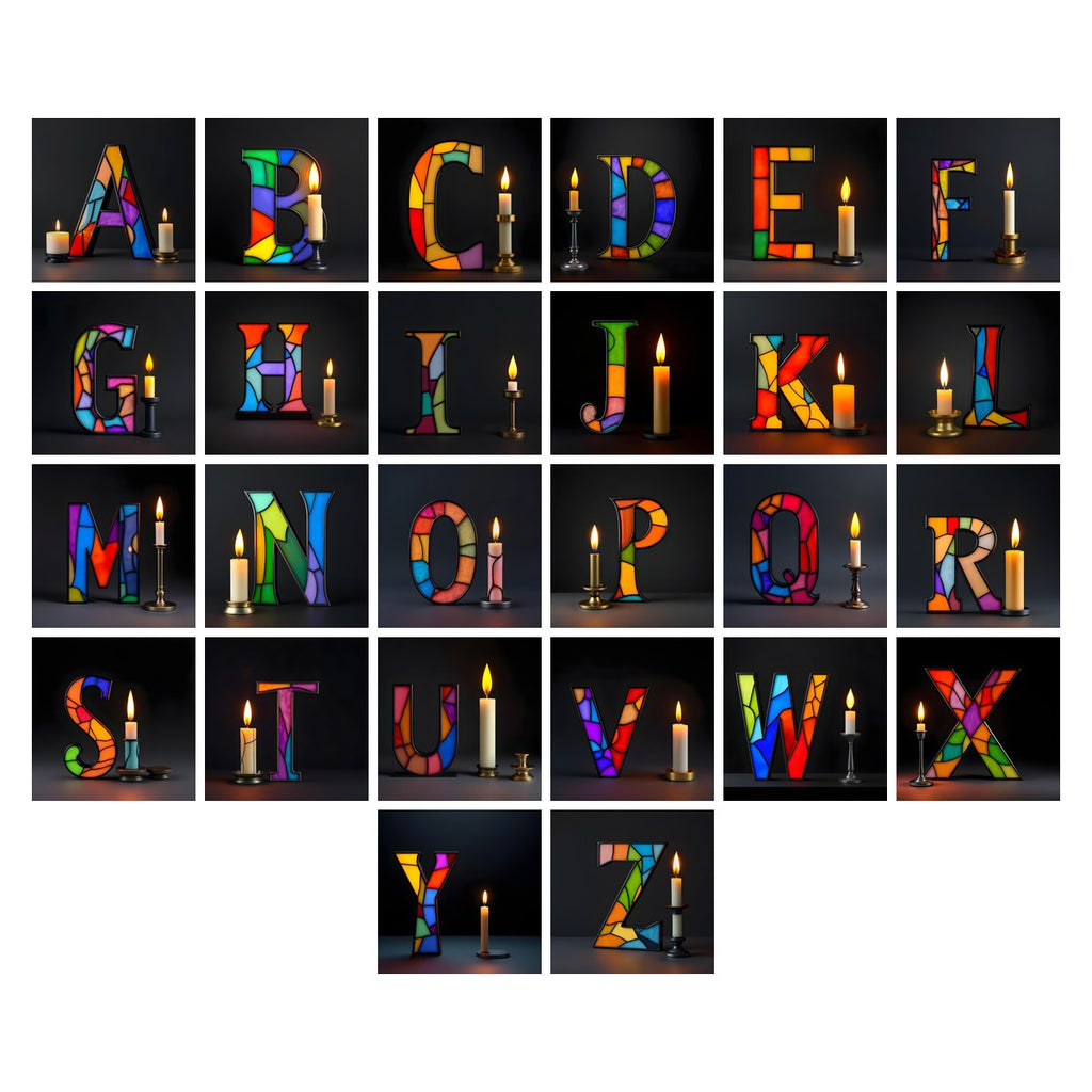 Stained Glass Candle alphabet — all 26 letters A to Z, choose any single letter