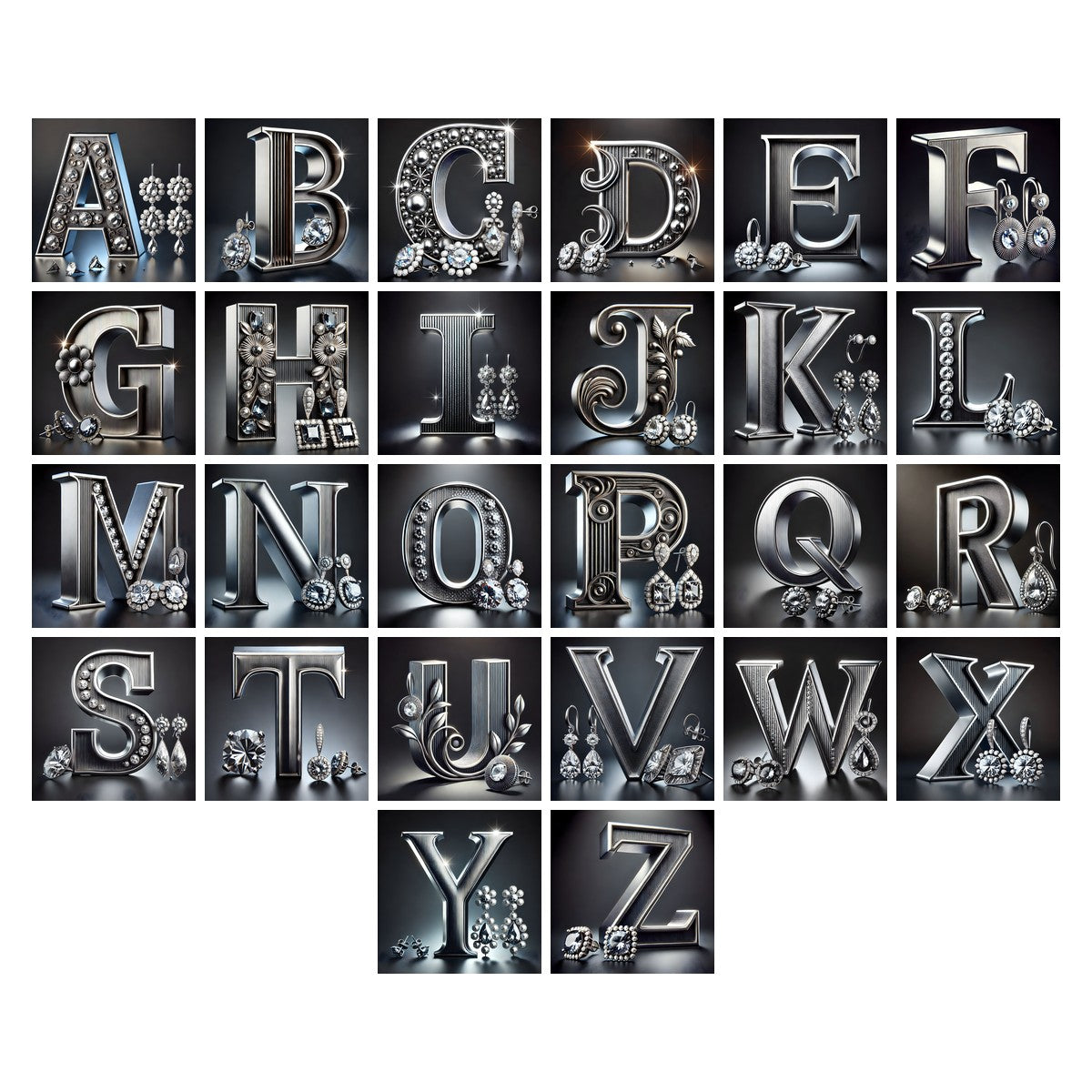 Silver Jewel Earring alphabet — all 26 letters A to Z, choose any single letter