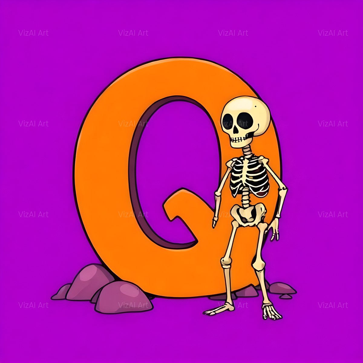 Cartoon Skeleton Magenta alphabet — printable letter Q