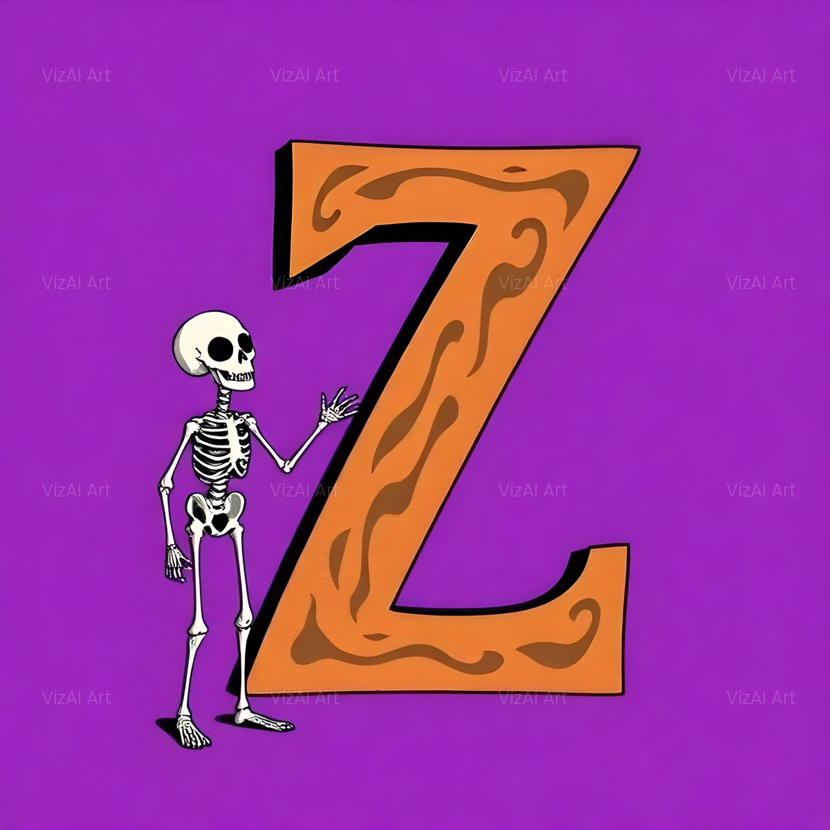 Cartoon Skeleton Magenta alphabet — printable letter Z