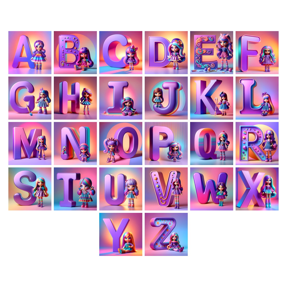 Toy Doll Pastel alphabet — all 26 letters A to Z, choose any single letter