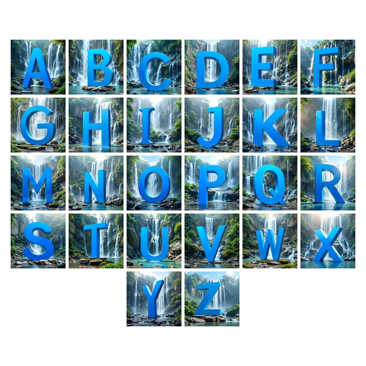 Tropical Waterfall alphabet — all 26 letters A to Z, choose any single letter