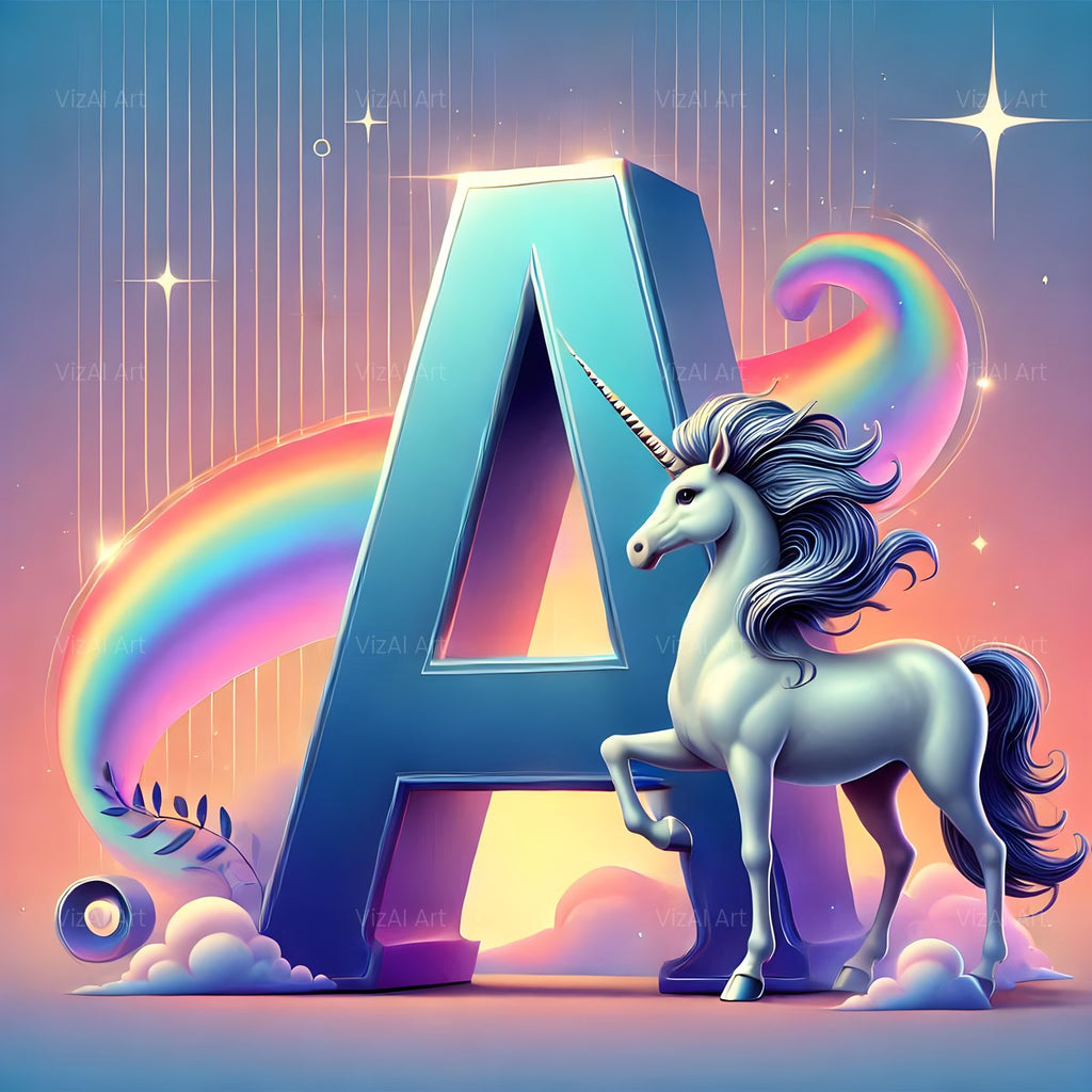Rainbow Unicorn alphabet — printable letter A