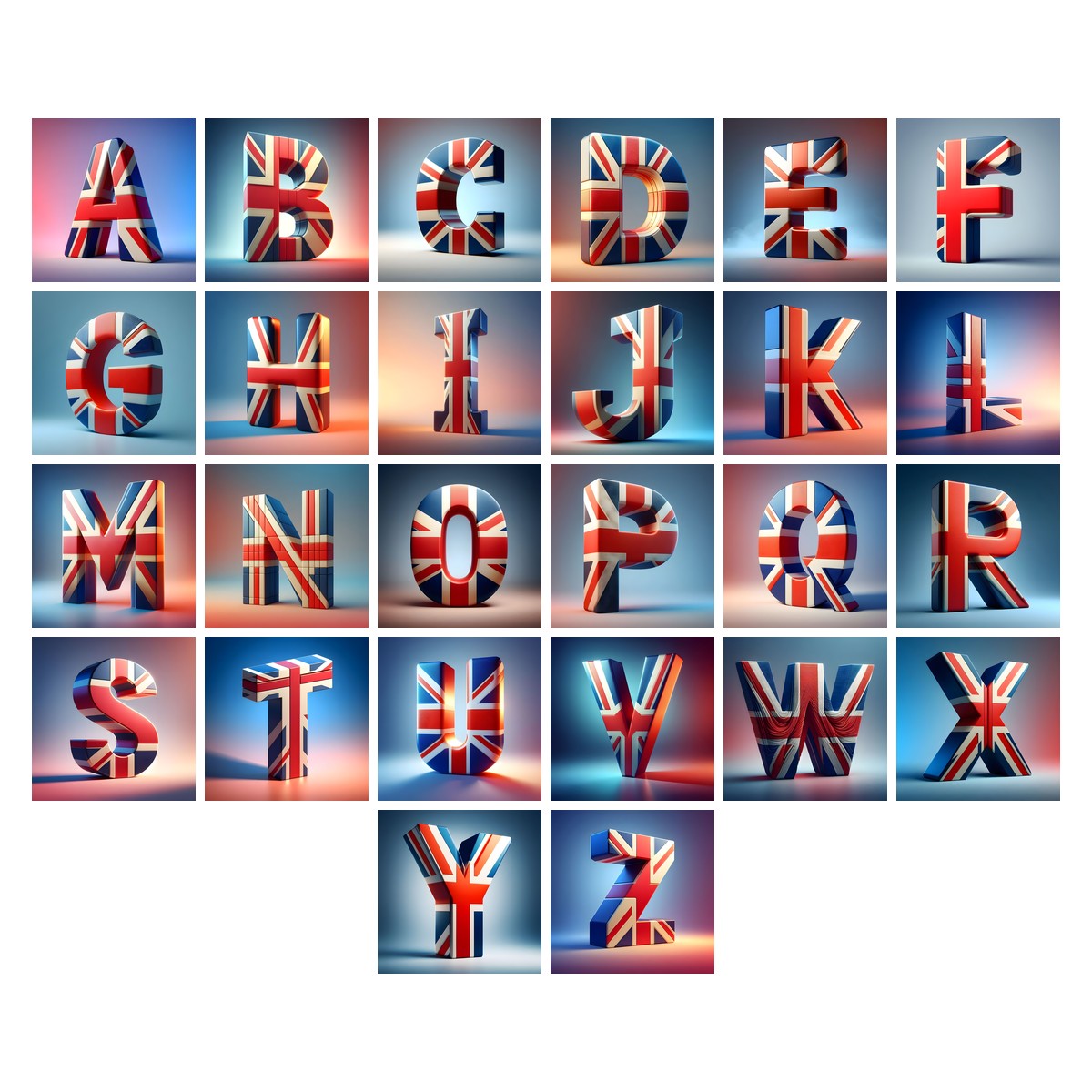 Union Jack alphabet — all 26 letters A to Z, choose any single letter