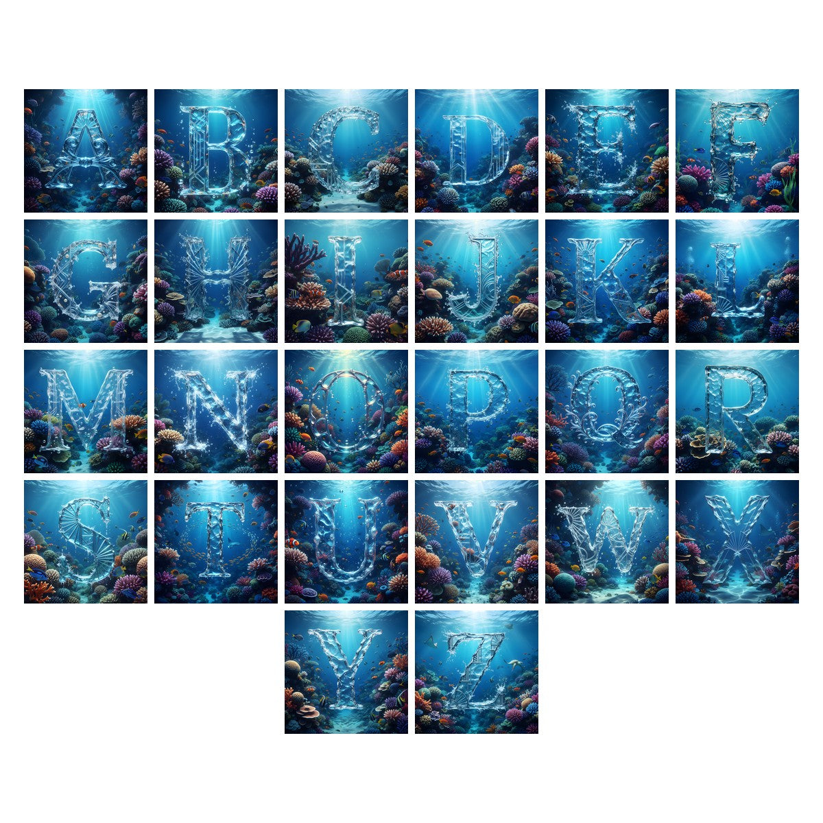 Sunken Reef Glass alphabet — all 26 letters A to Z, choose any single letter