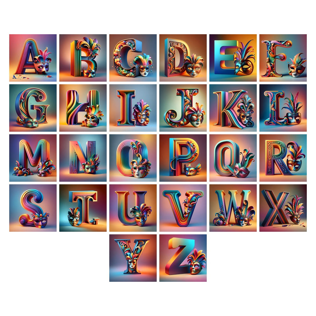 Venetian Mask Carnival alphabet — all 26 letters A to Z, choose any single letter