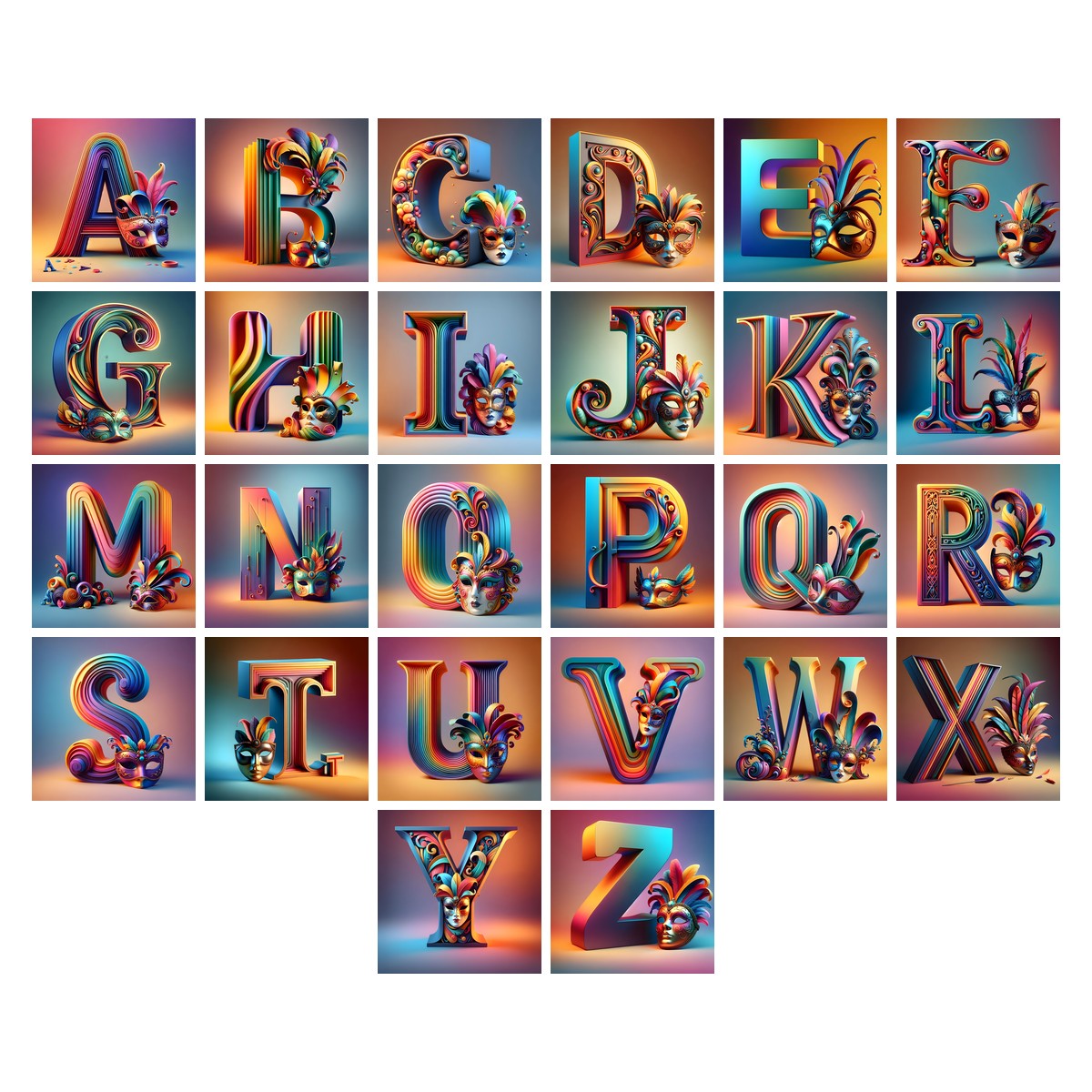 Venetian Mask Carnival alphabet — all 26 letters A to Z, choose any single letter