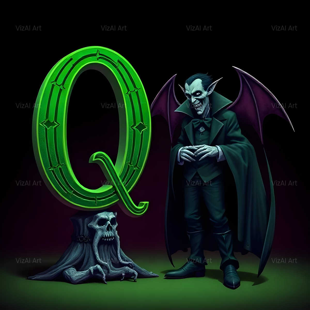 Emerald Vampire Night alphabet — printable letter Q