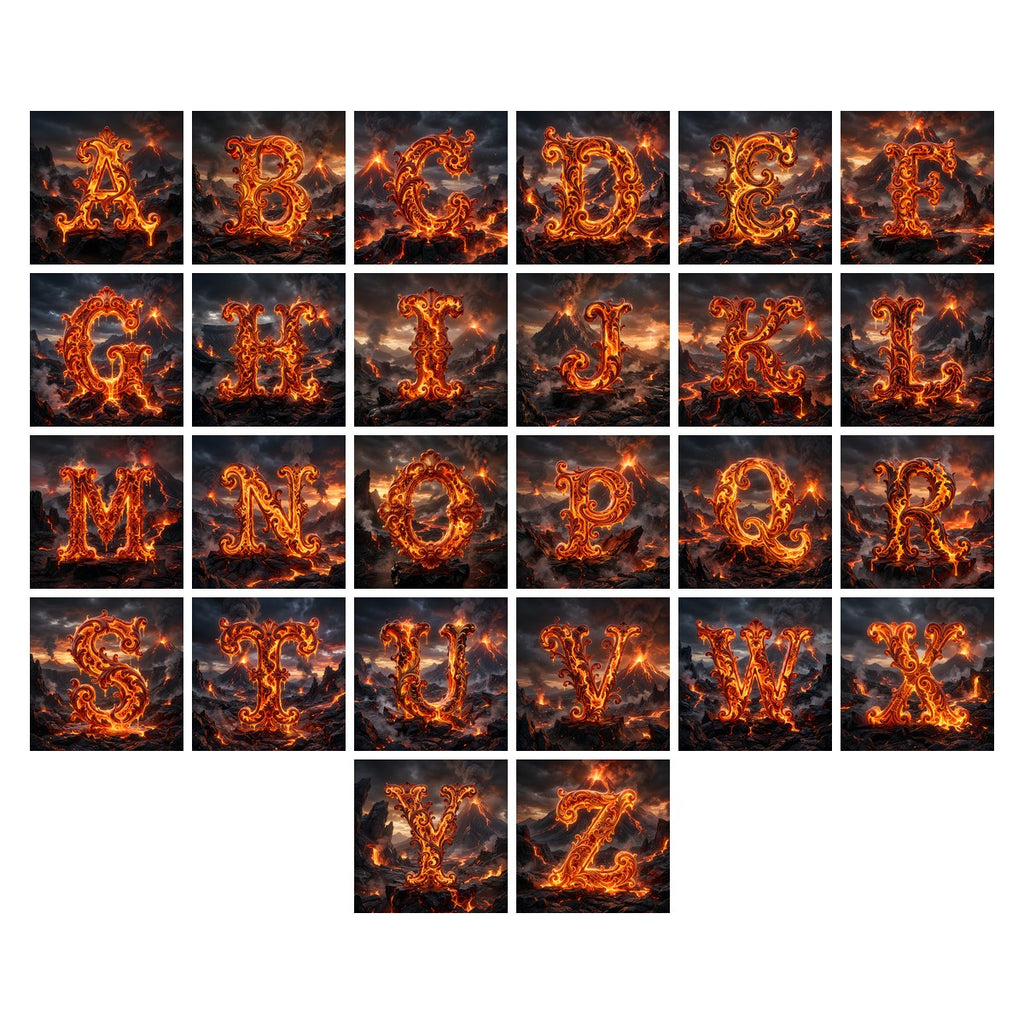 Volcanic Ember alphabet — all 26 letters A to Z, choose any single letter