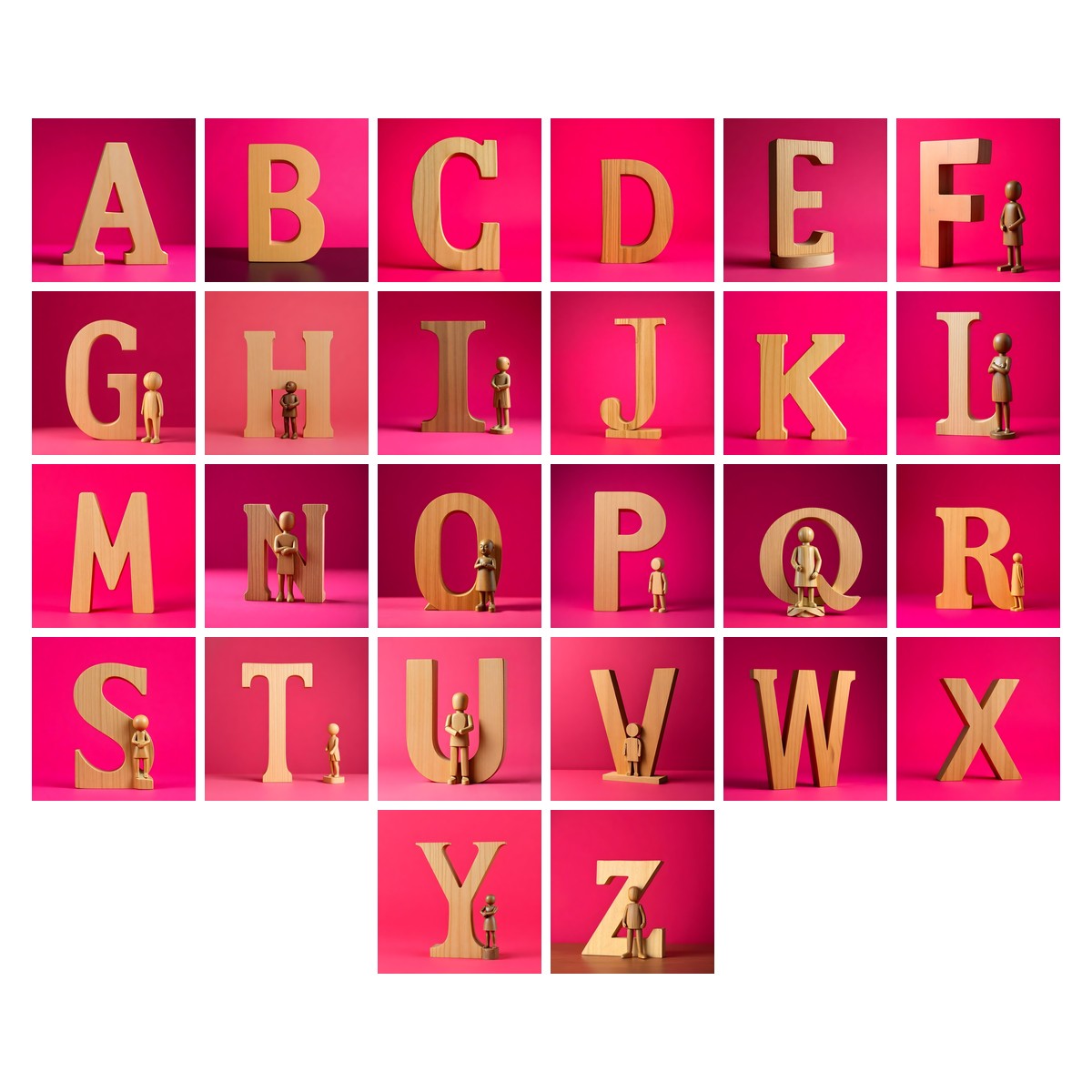 Wood Block Pink alphabet — all 26 letters A to Z, choose any single letter
