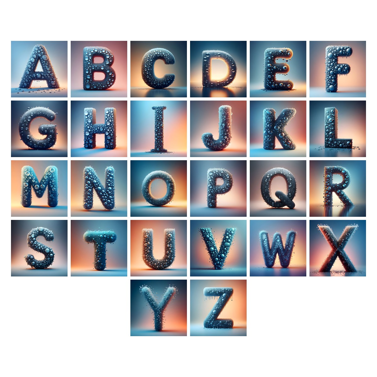 Water Droplet alphabet — all 26 letters A to Z, choose any single letter