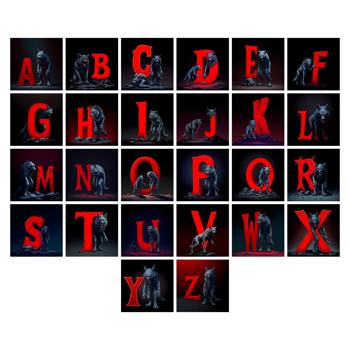 Werewolf Moonlit alphabet — all 26 letters A to Z, choose any single letter