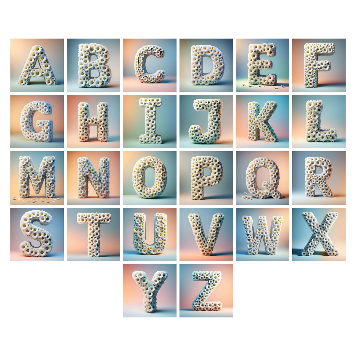 White Daisy Cluster alphabet — all 26 letters A to Z, choose any single letter