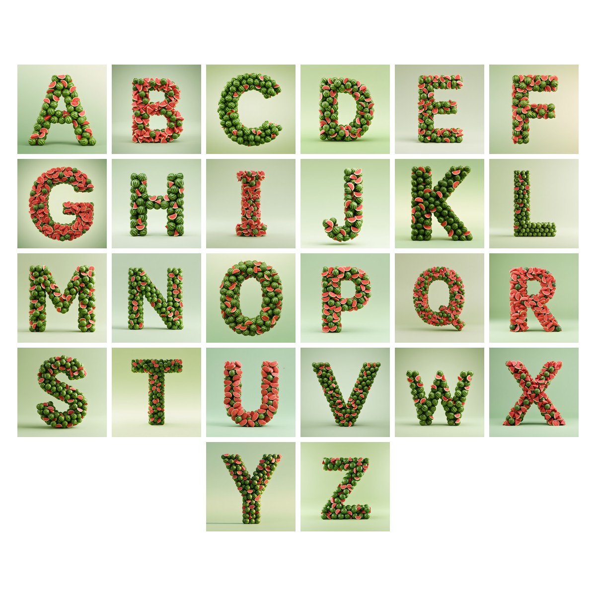 Watermelon Slice Summer alphabet — all 26 letters A to Z, choose any single letter