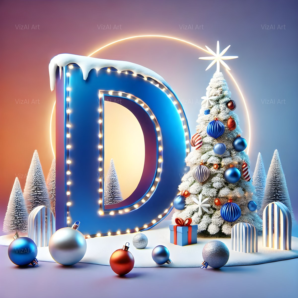 Christmas White Tree Elegance alphabet — printable letter D