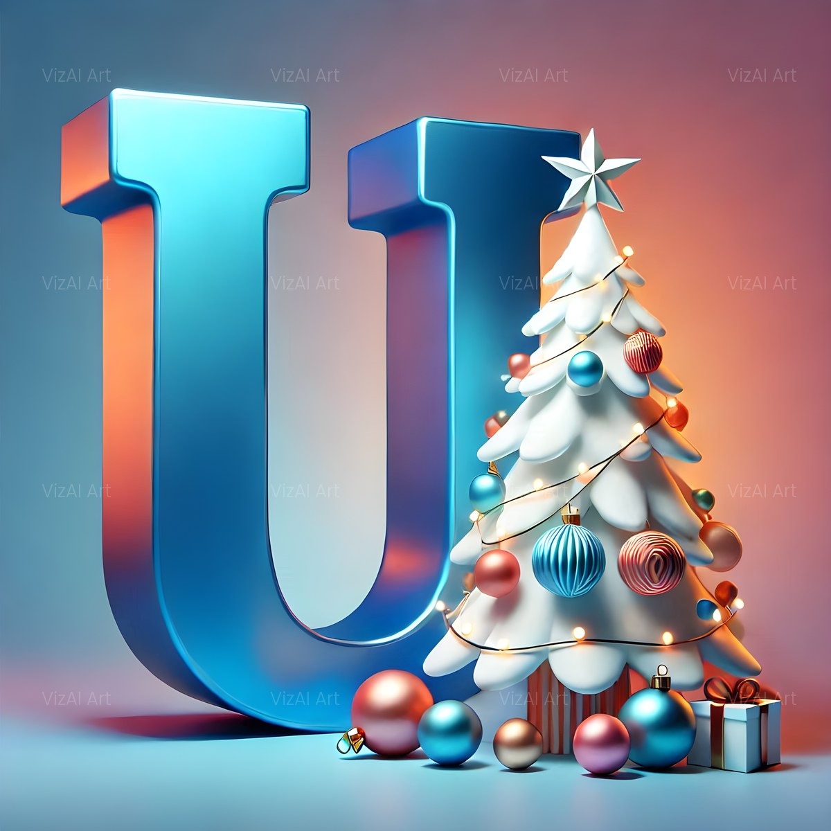 Christmas White Tree Elegance alphabet — printable letter U