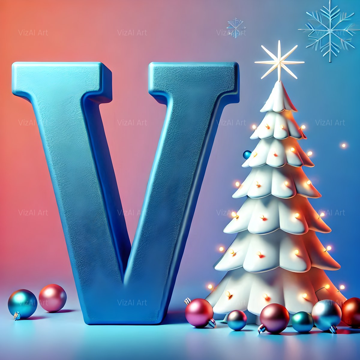 Christmas White Tree Elegance alphabet — printable letter V