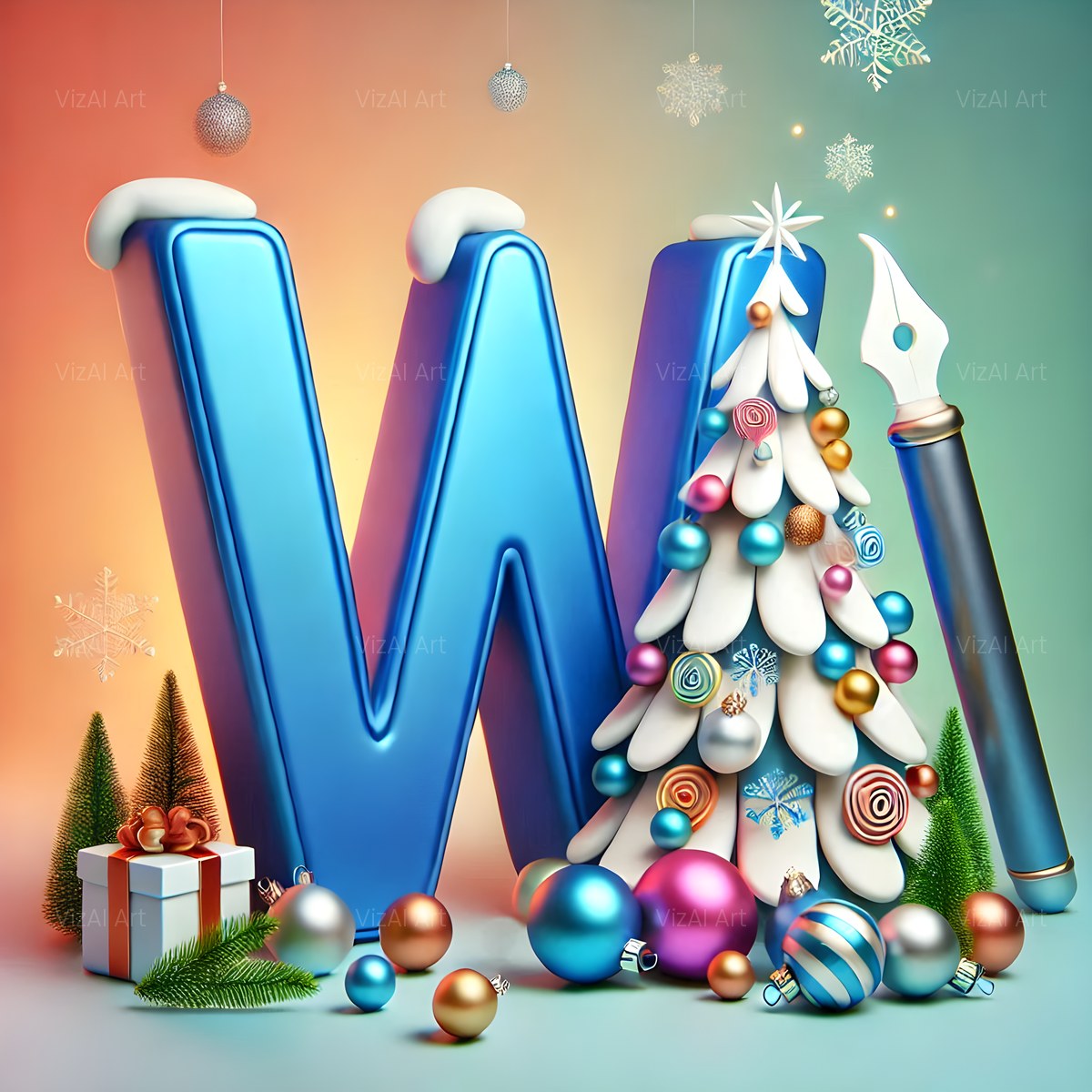 Christmas White Tree Elegance alphabet — printable letter W