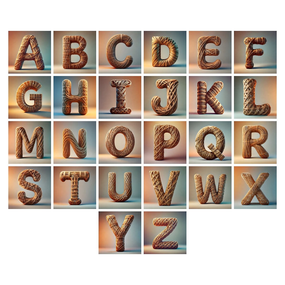 Woven Wicker alphabet — all 26 letters A to Z, choose any single letter