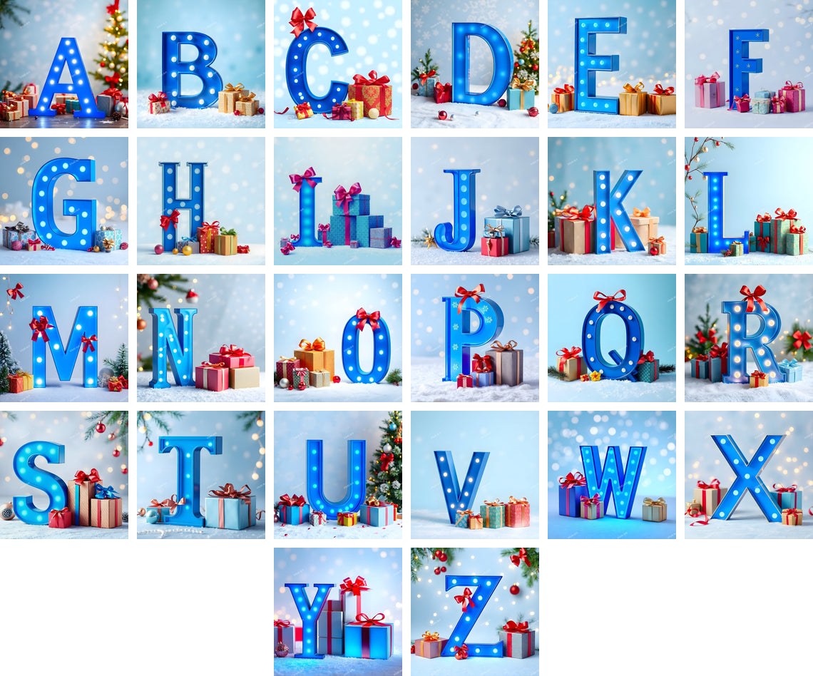 Christmas Gifts alphabet — all 26 letters A to Z