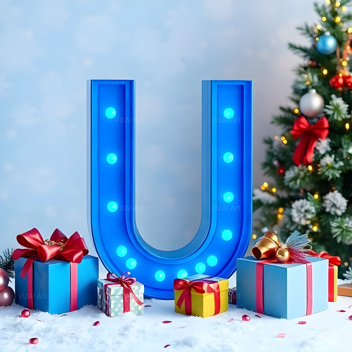 Christmas Wrapped Gift Joy alphabet — printable letter U