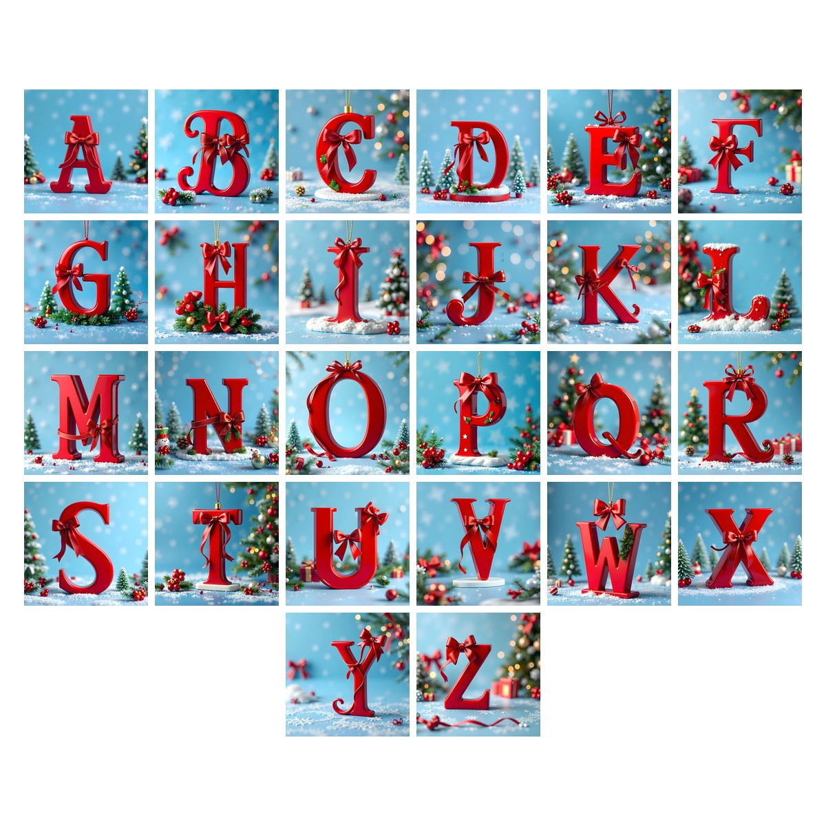 Christmas Scarlet Ribbon Cheer alphabet — all 26 letters A to Z, choose any single letter