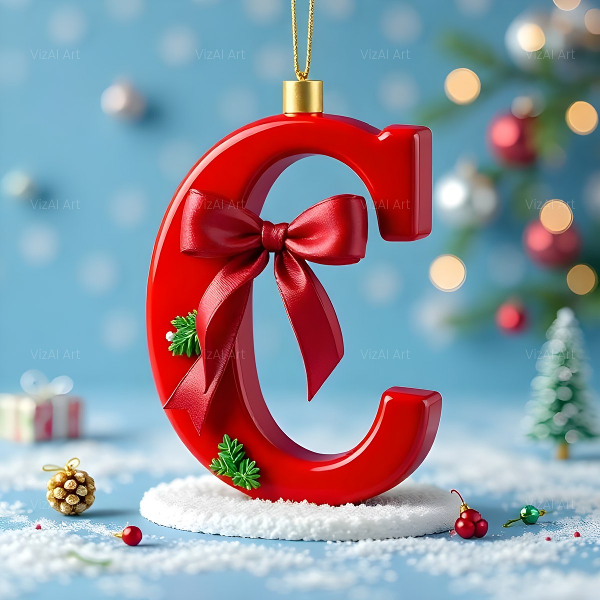 Christmas Scarlet Ribbon Cheer alphabet — printable letter C
