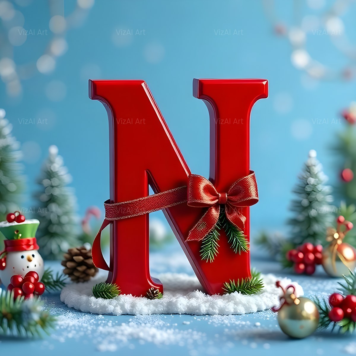 Christmas Scarlet Ribbon Cheer alphabet — printable letter N