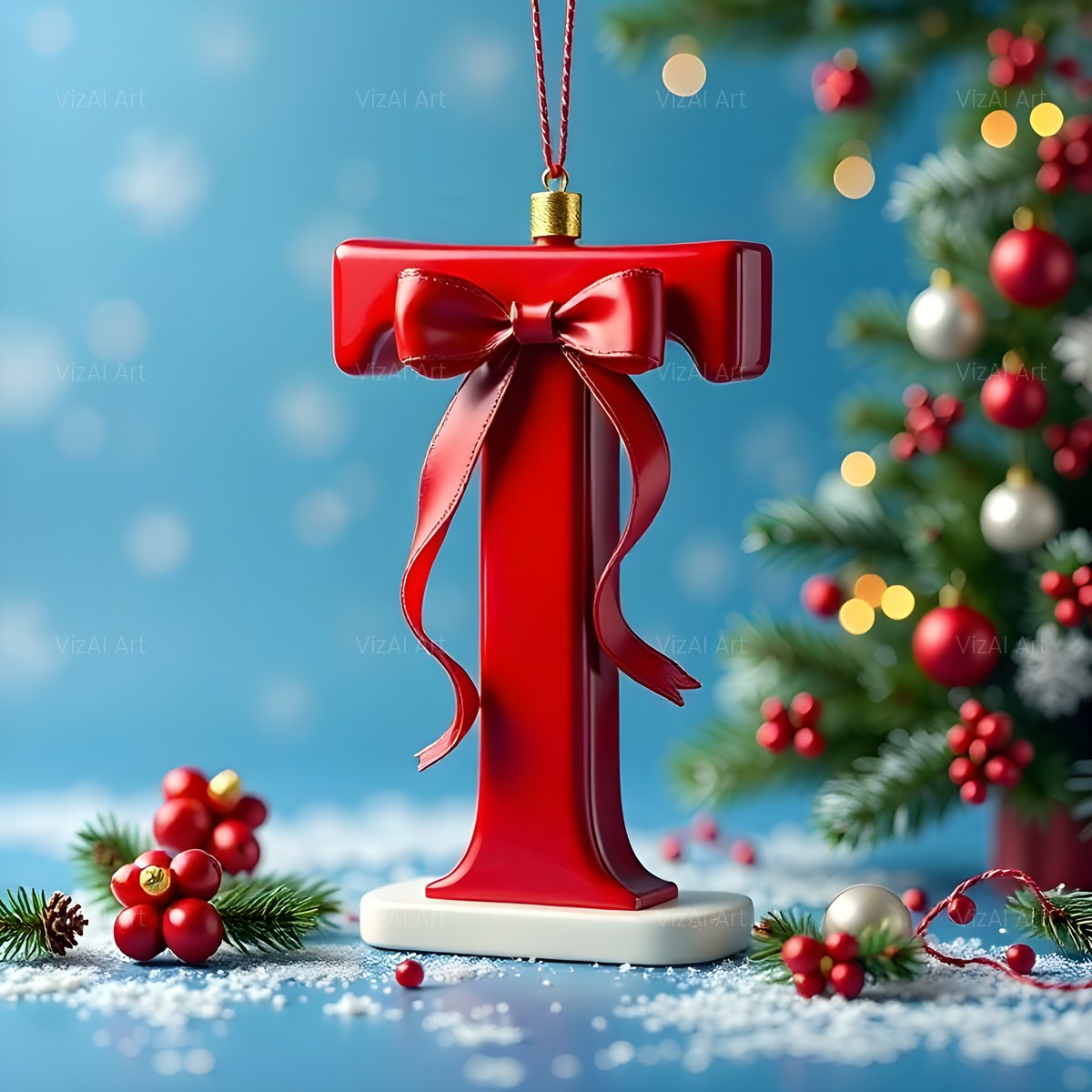 Christmas Scarlet Ribbon Cheer alphabet — printable letter T