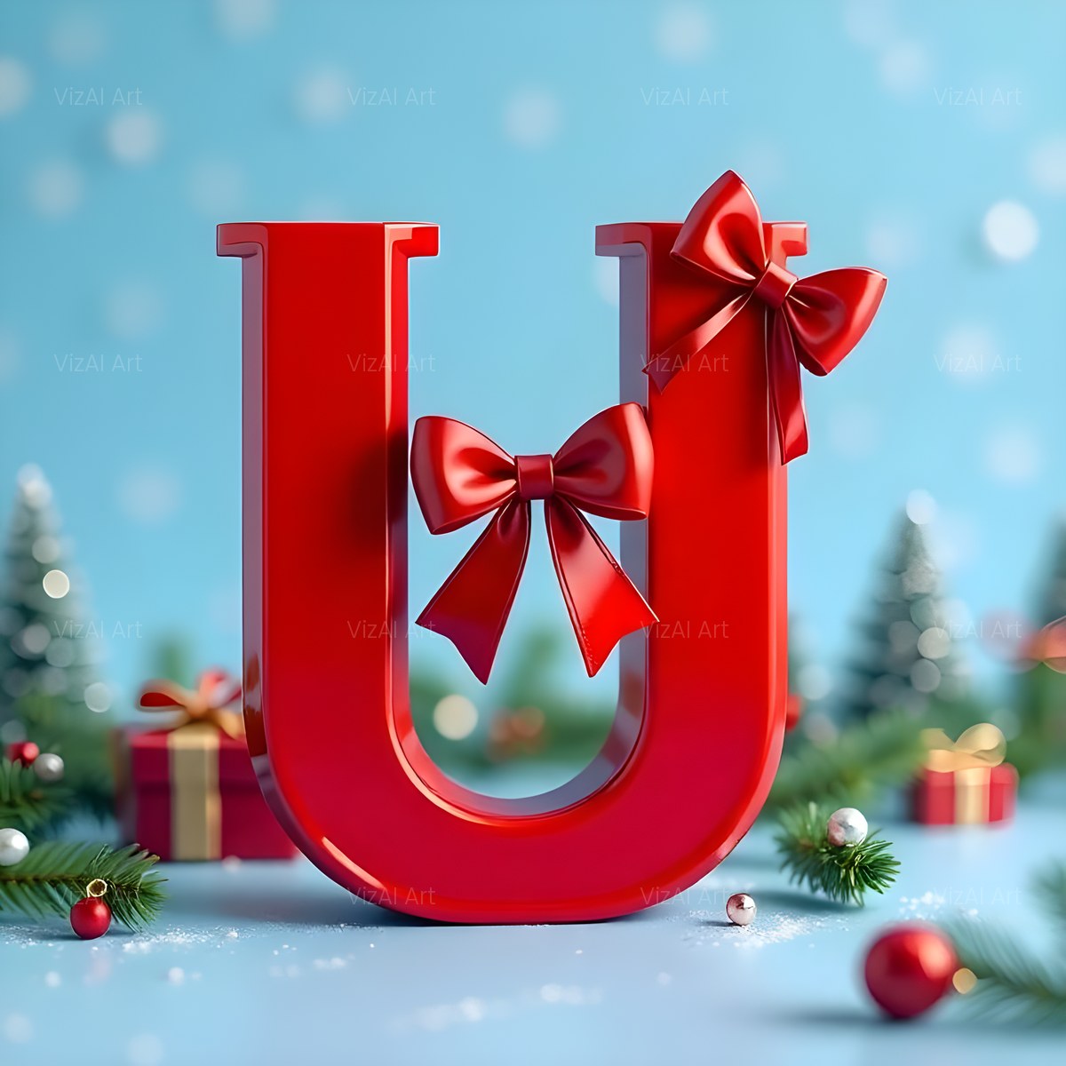 Christmas Scarlet Ribbon Cheer alphabet — printable letter U