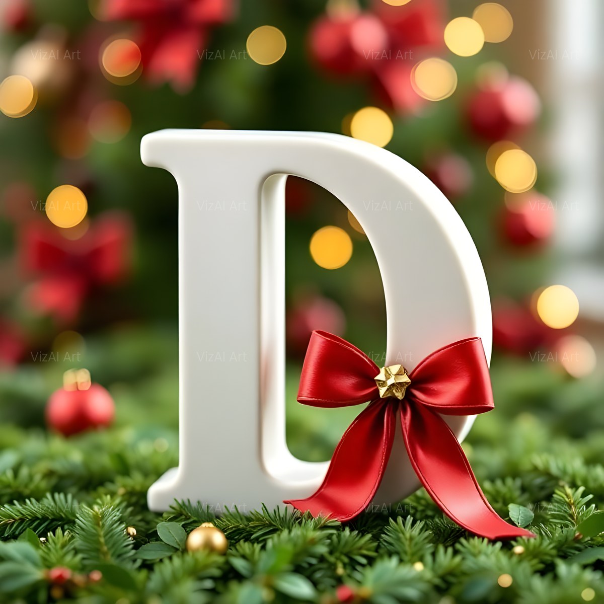 Christmas Ivory Ribbon Charm alphabet — printable letter D