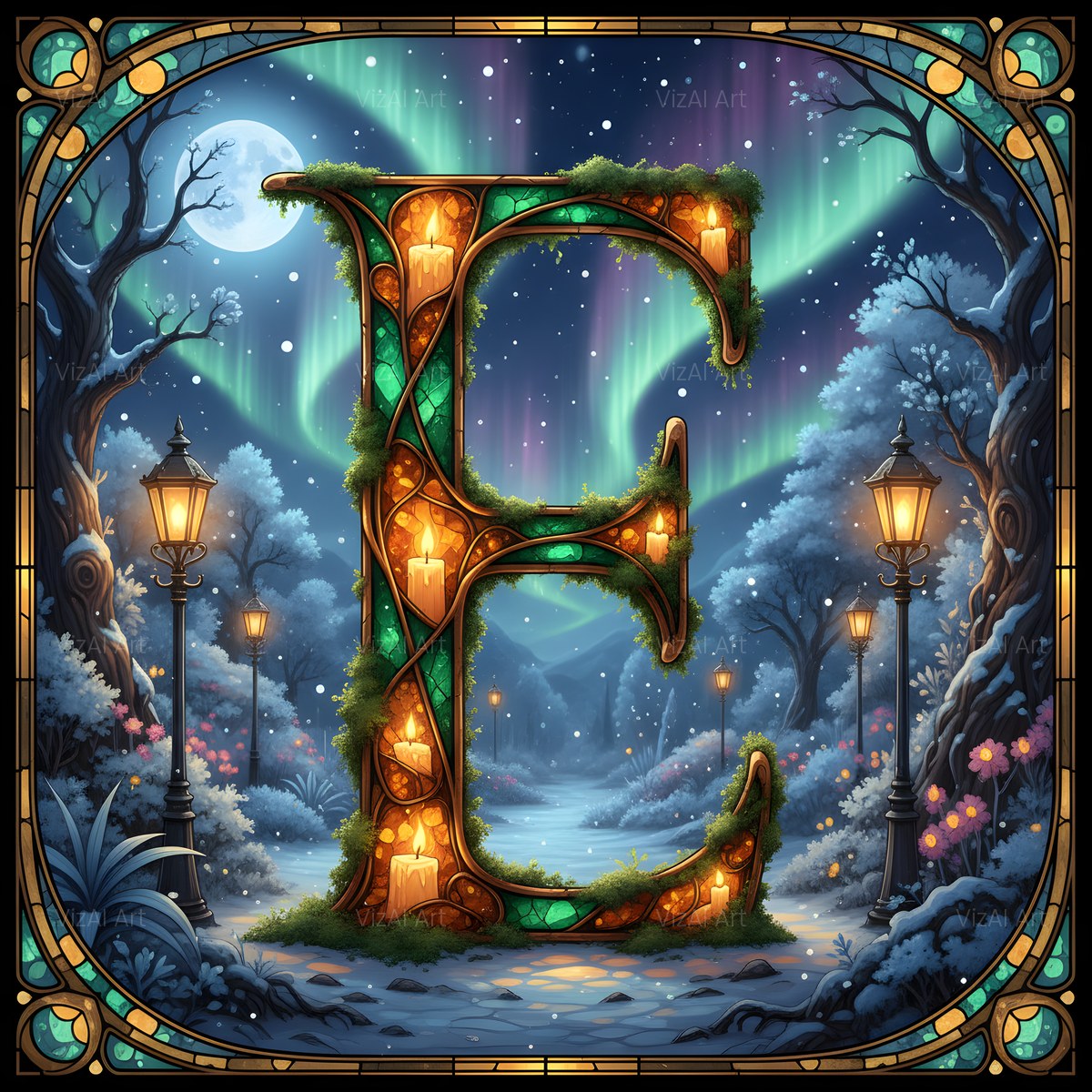 Christmas Amber Aurora Glow alphabet — printable letter E
