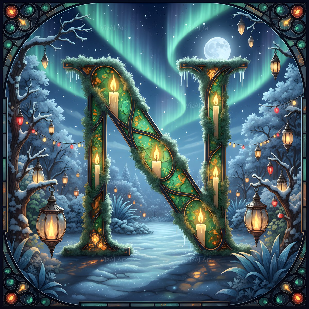 Christmas Amber Aurora Glow alphabet — printable letter N