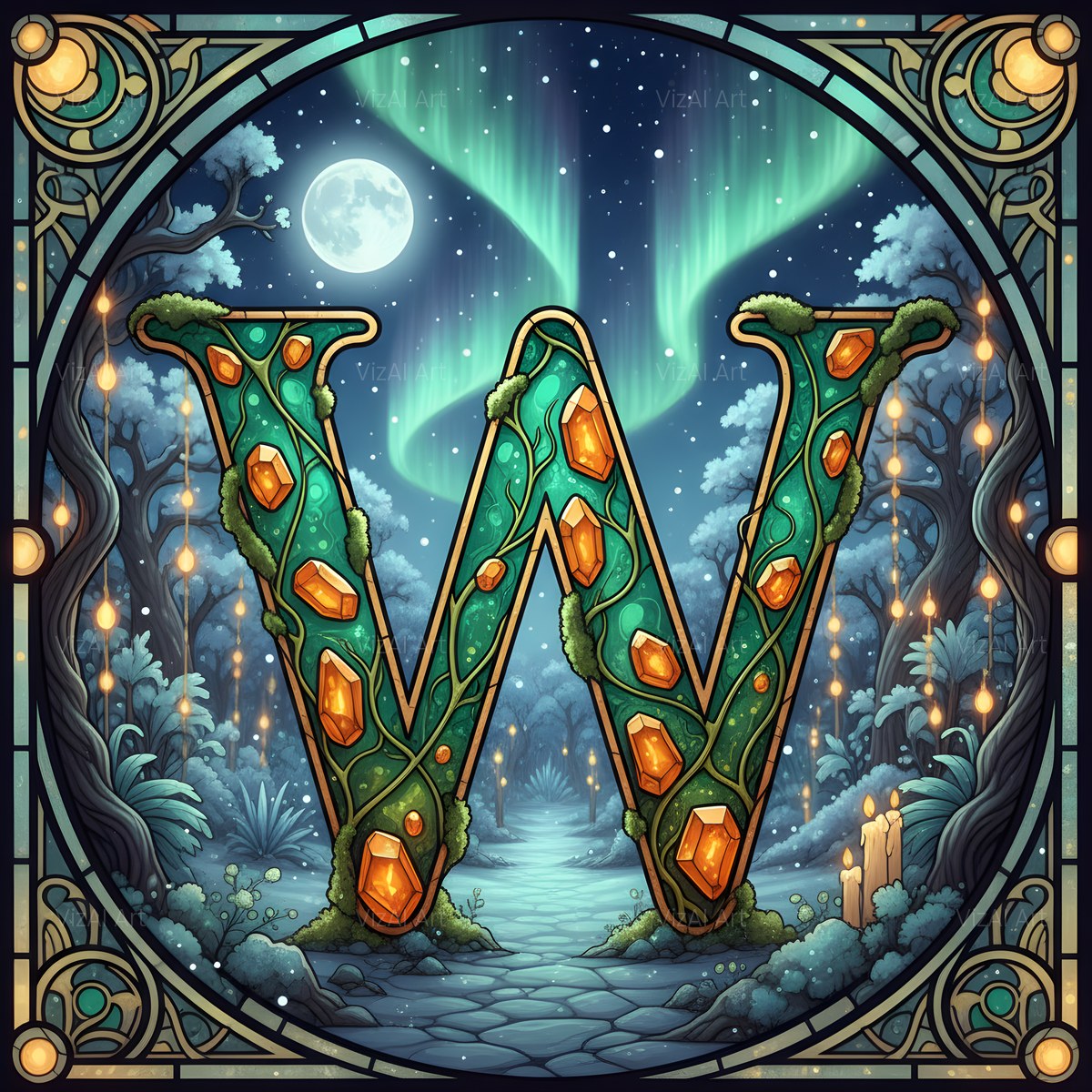 Christmas Amber Aurora Glow alphabet — printable letter W
