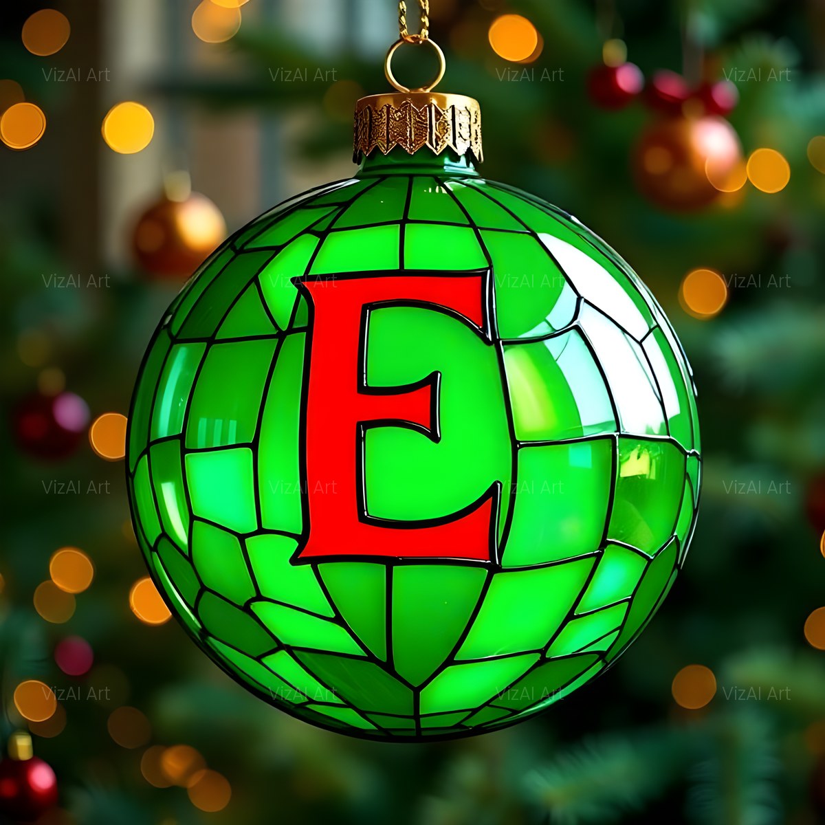 Christmas Emerald Bauble Glow alphabet — printable letter E