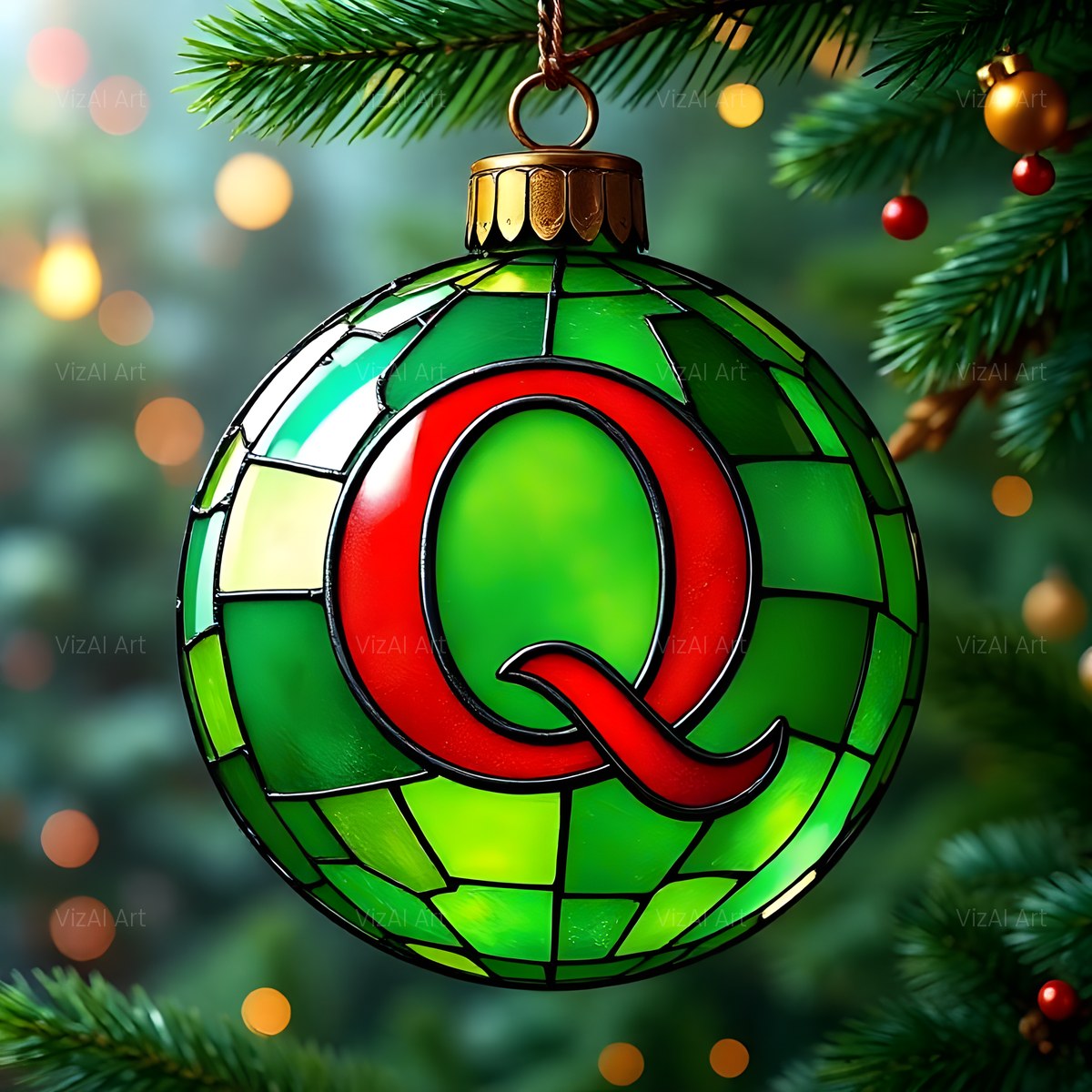 Christmas Emerald Bauble Glow alphabet — printable letter Q
