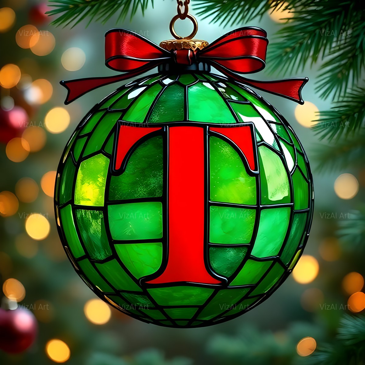 Christmas Emerald Bauble Glow alphabet — printable letter T
