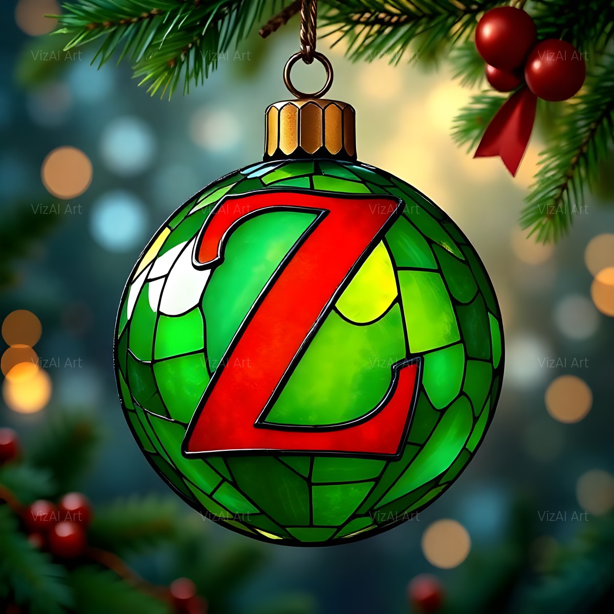 Christmas Emerald Bauble Glow alphabet — printable letter Z