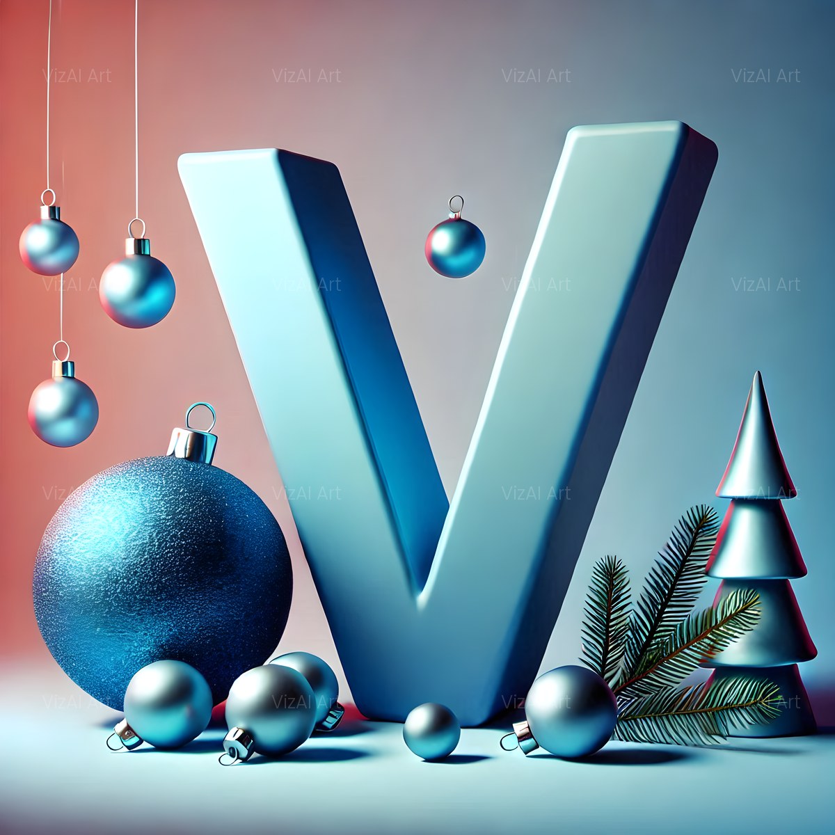 Christmas Silver Bauble Frost alphabet — printable letter V