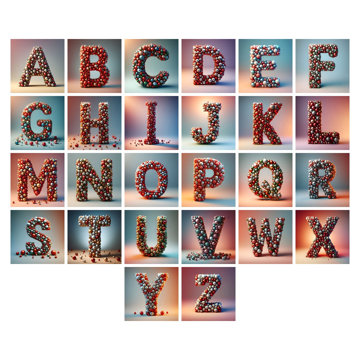 Christmas Pearl Bauble Harmony alphabet — all 26 letters A to Z, choose any single letter
