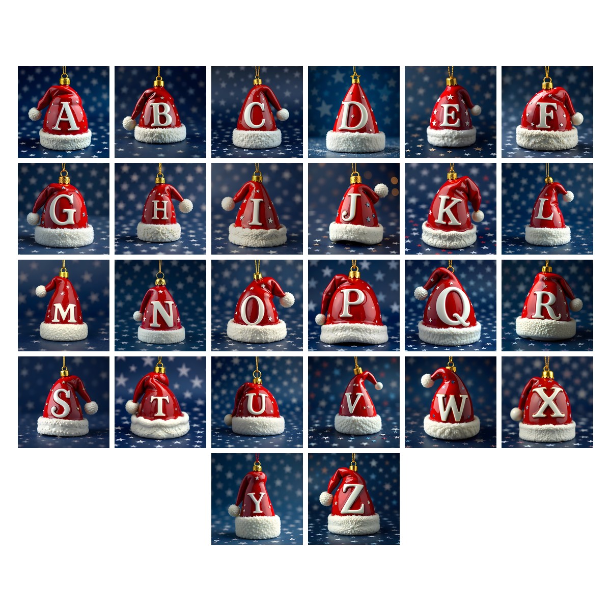 Christmas Scarlet Santa Hat alphabet — all 26 letters A to Z, choose any single letter