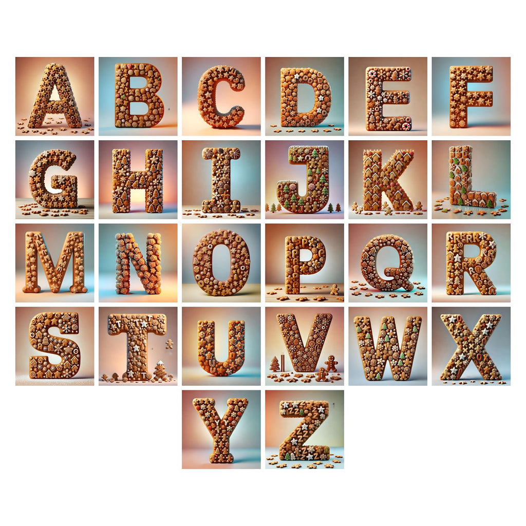Christmas Gingerbread Cookie Delight alphabet — all 26 letters A to Z, choose any single letter