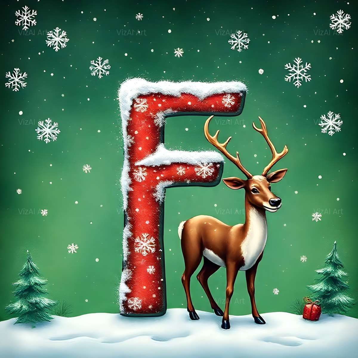 Christmas Golden Reindeer Wonder alphabet — printable letter F