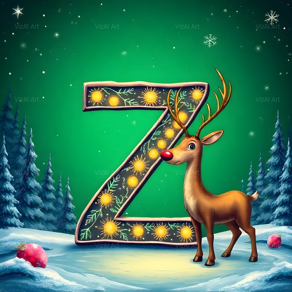Christmas Golden Reindeer Wonder alphabet — printable letter Z