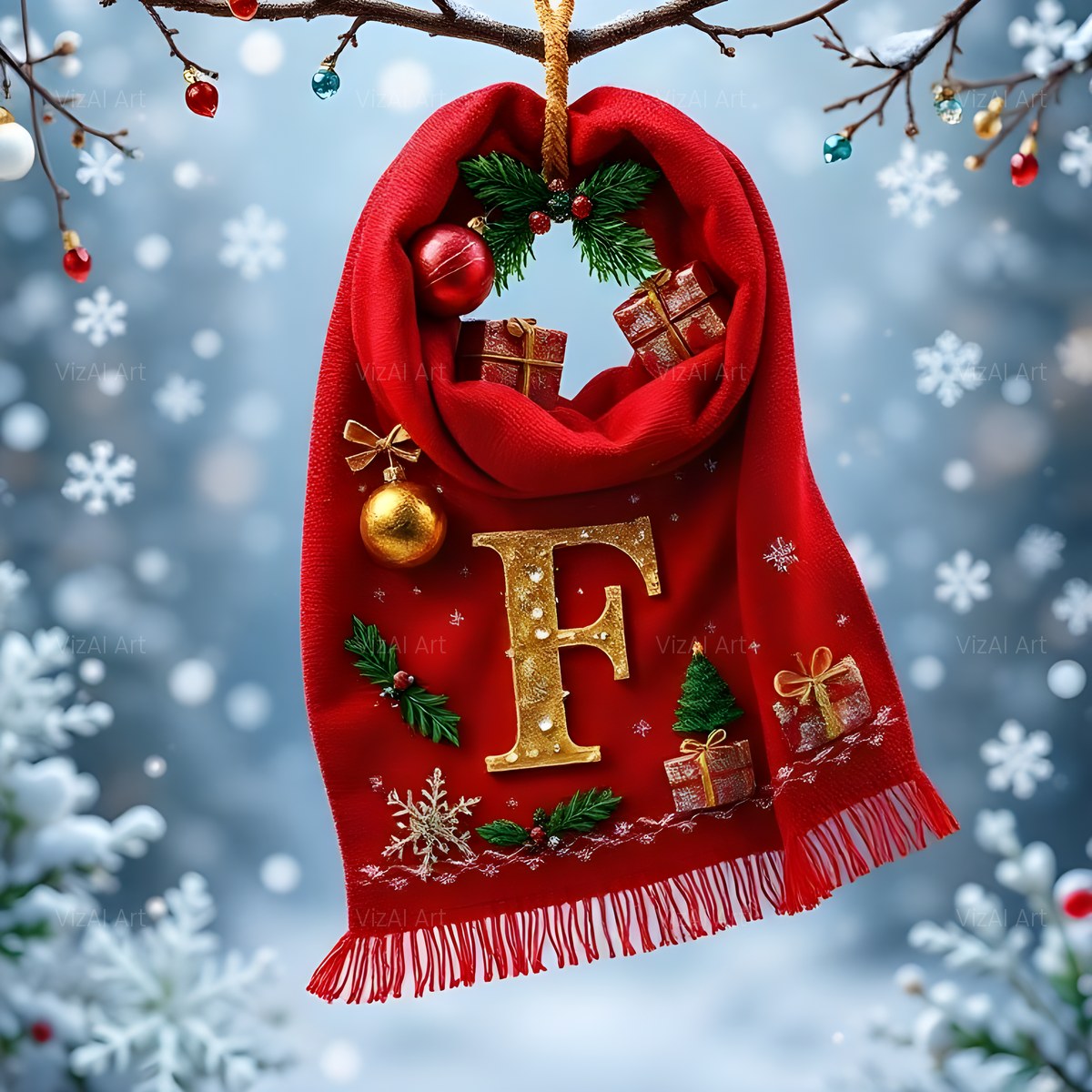 Christmas Scarlet Scarf Warmth alphabet — printable letter F
