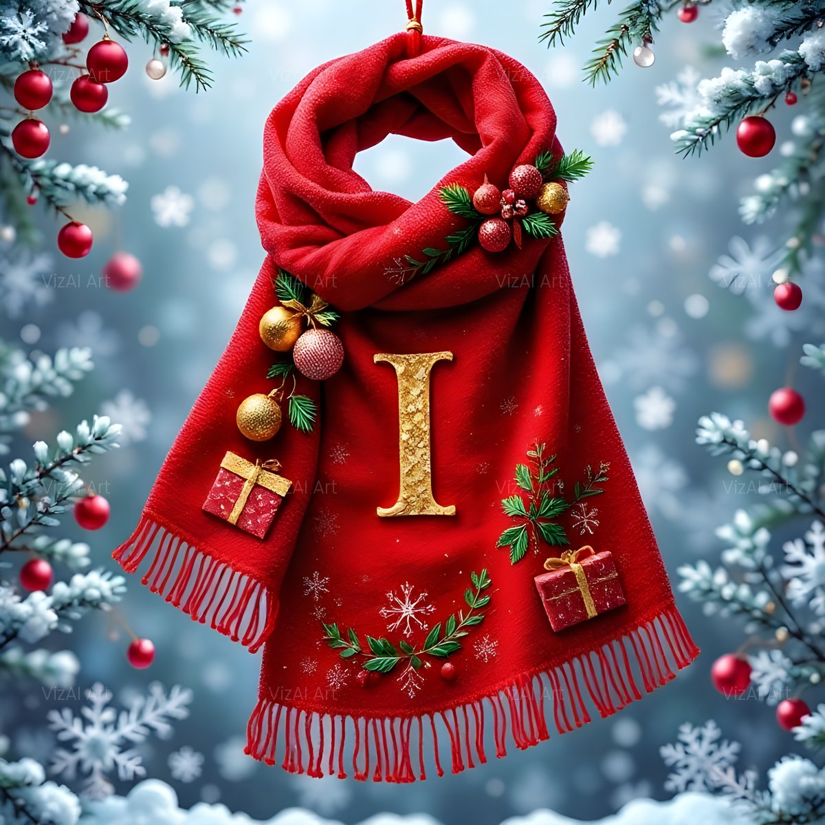 Christmas Scarlet Scarf Warmth alphabet — printable letter I