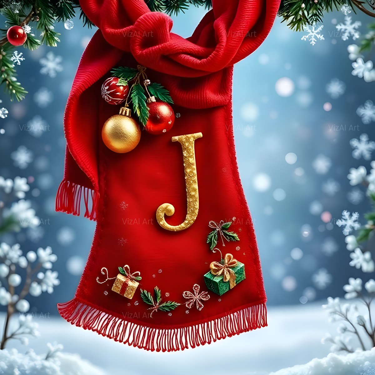 Christmas Scarlet Scarf Warmth alphabet — printable letter J