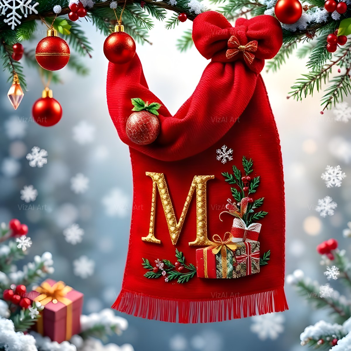 Christmas Scarlet Scarf Warmth alphabet — printable letter M