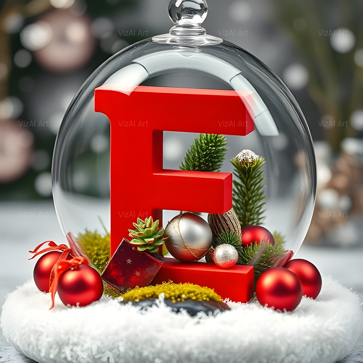 Christmas Scarlet Snow Globe alphabet — printable letter E
