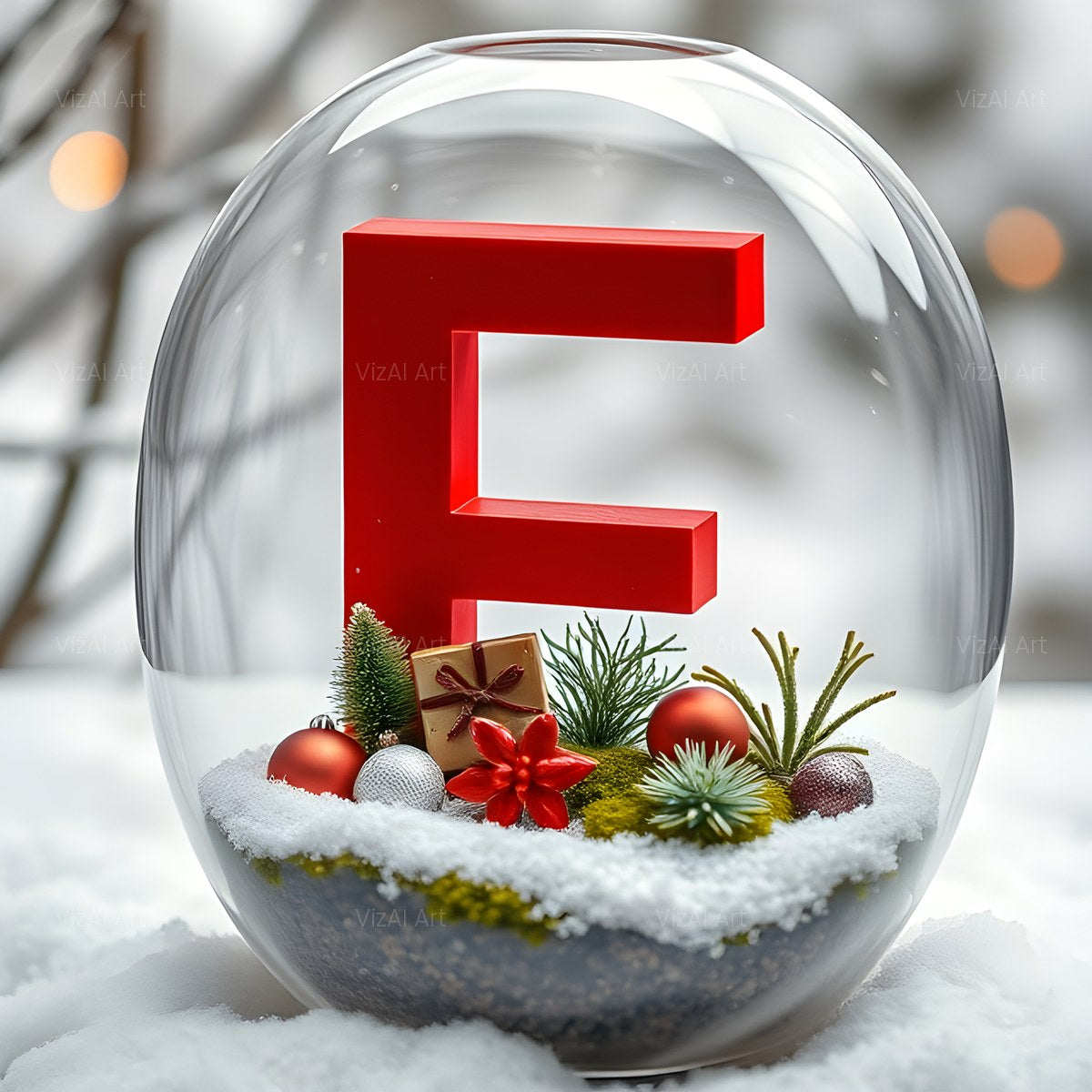 Christmas Scarlet Snow Globe alphabet — printable letter F
